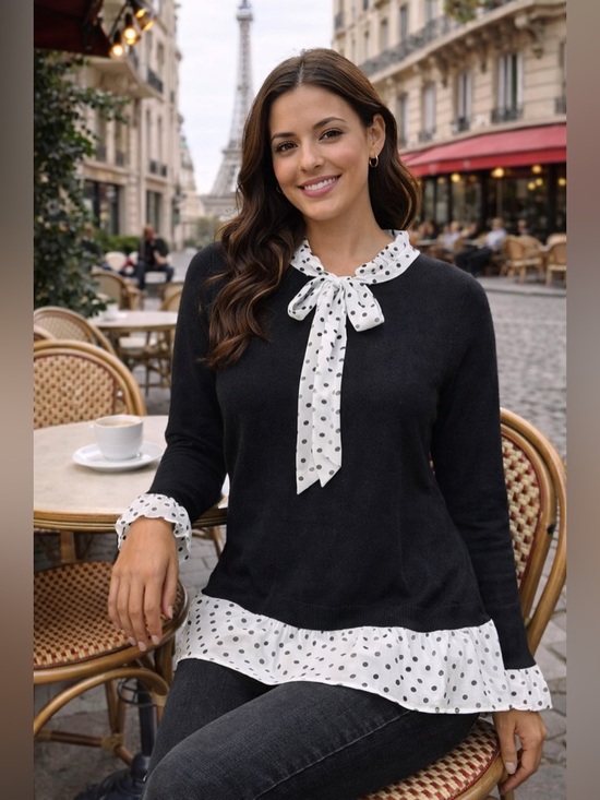 Adrianna Papell Sweaters - Adrianna Papell Black Sweater Blouse Polka Dot Tie Neck Ruffle Hem Size Small